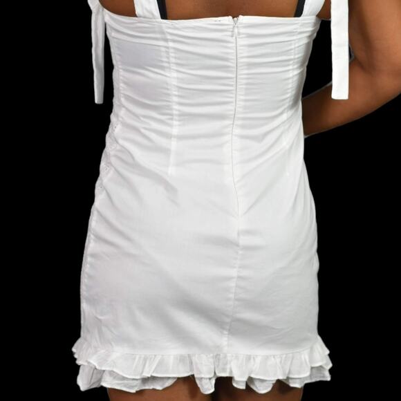 White Corset Dress Lace Up Bodice Mini Ruffle Cotton Embroidery Lace Size Medium - Picture 5 of 14